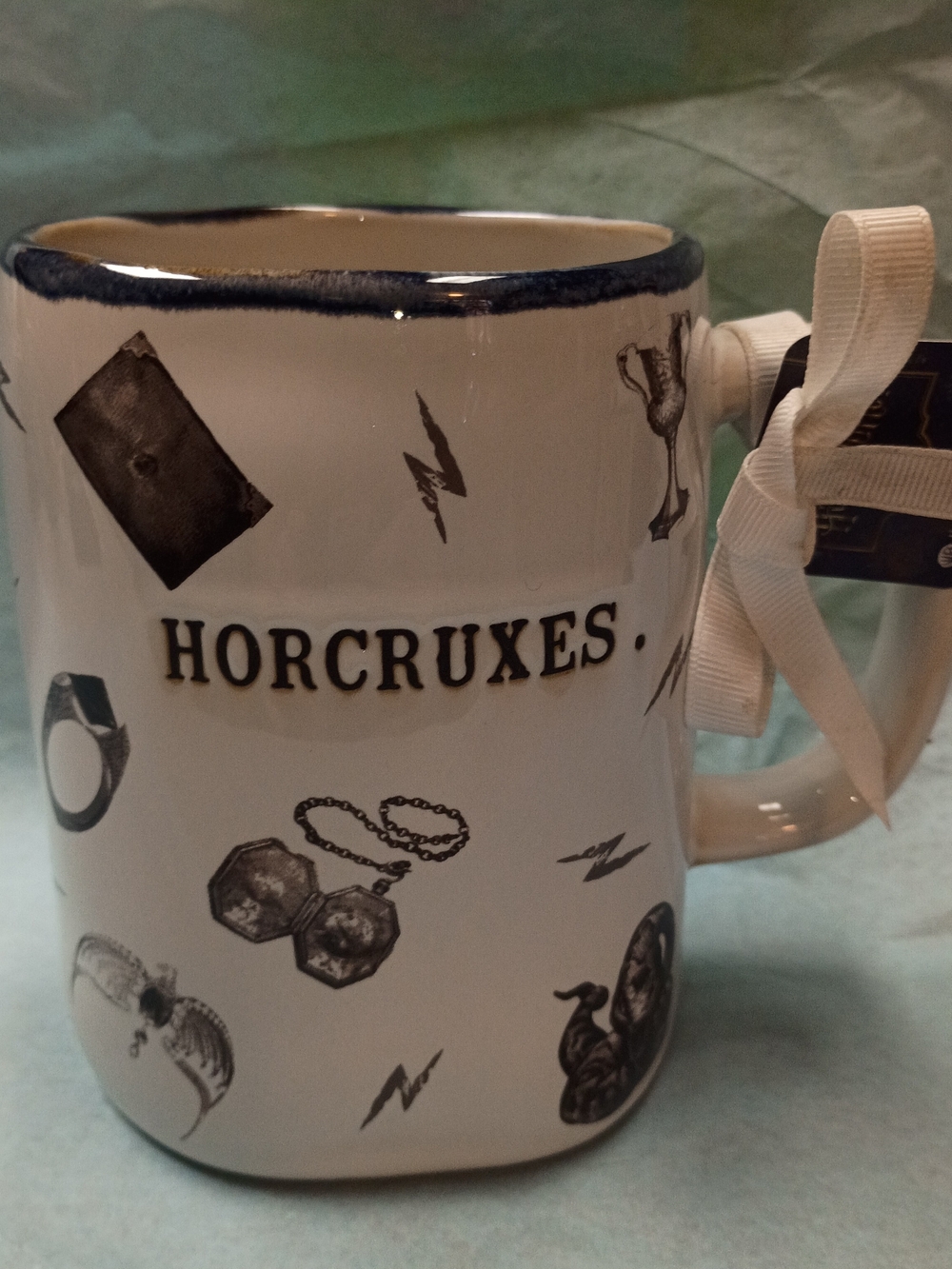 Rae Dunn White and Black Harry Potter, 'HORCRUXES' Ceramic Mug